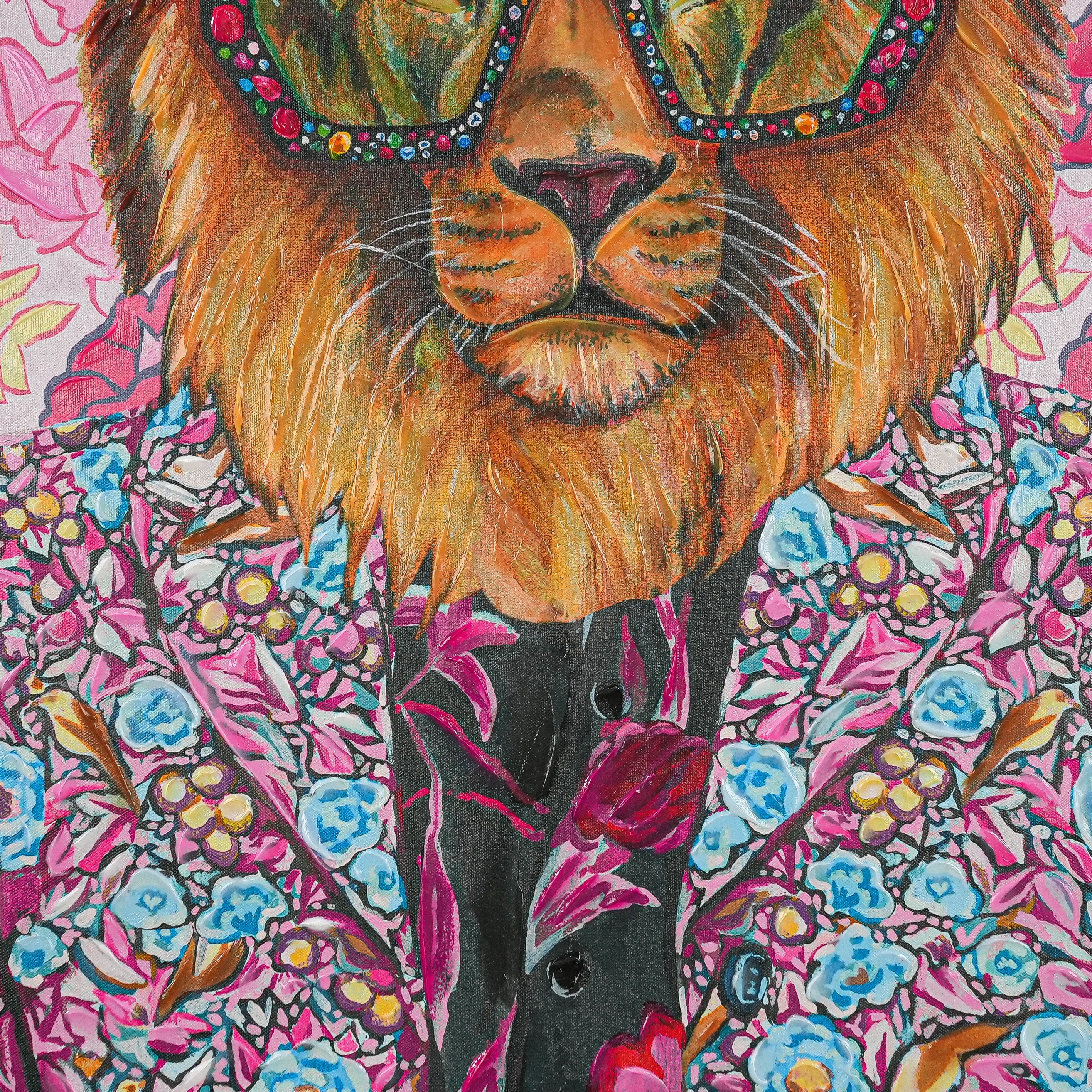 Glamorous Grove: The Dapper Lion by Heather Perry 100% Hand Wall Painting For Home (With Outer Floater Frame frame) ( 35.5 x 23.5 Inches )