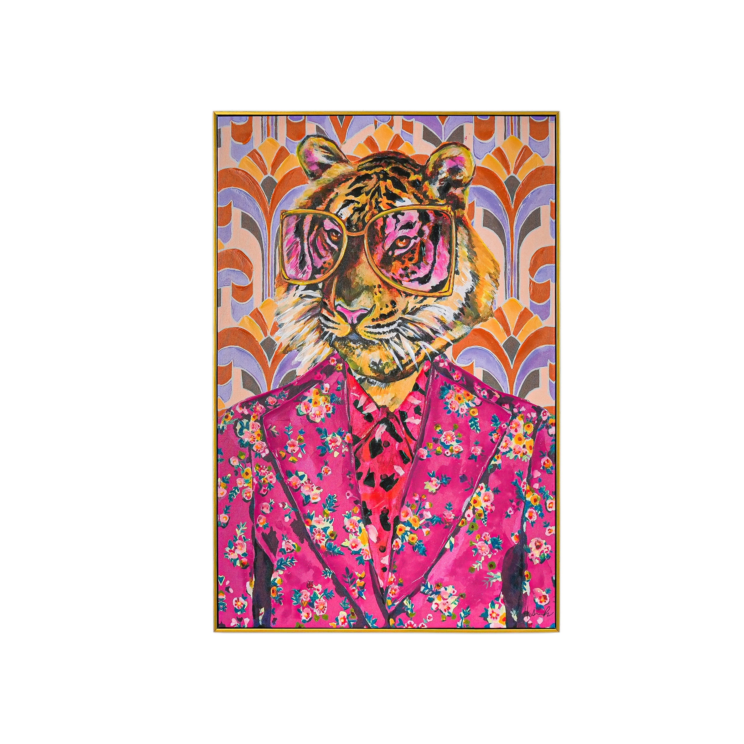 Tiger in Retro Bloom by Heather Perry 100% Hand Painted Wall Painting (With Outer Floater Frame frame) ( 35.5 x 23.5 Inches )