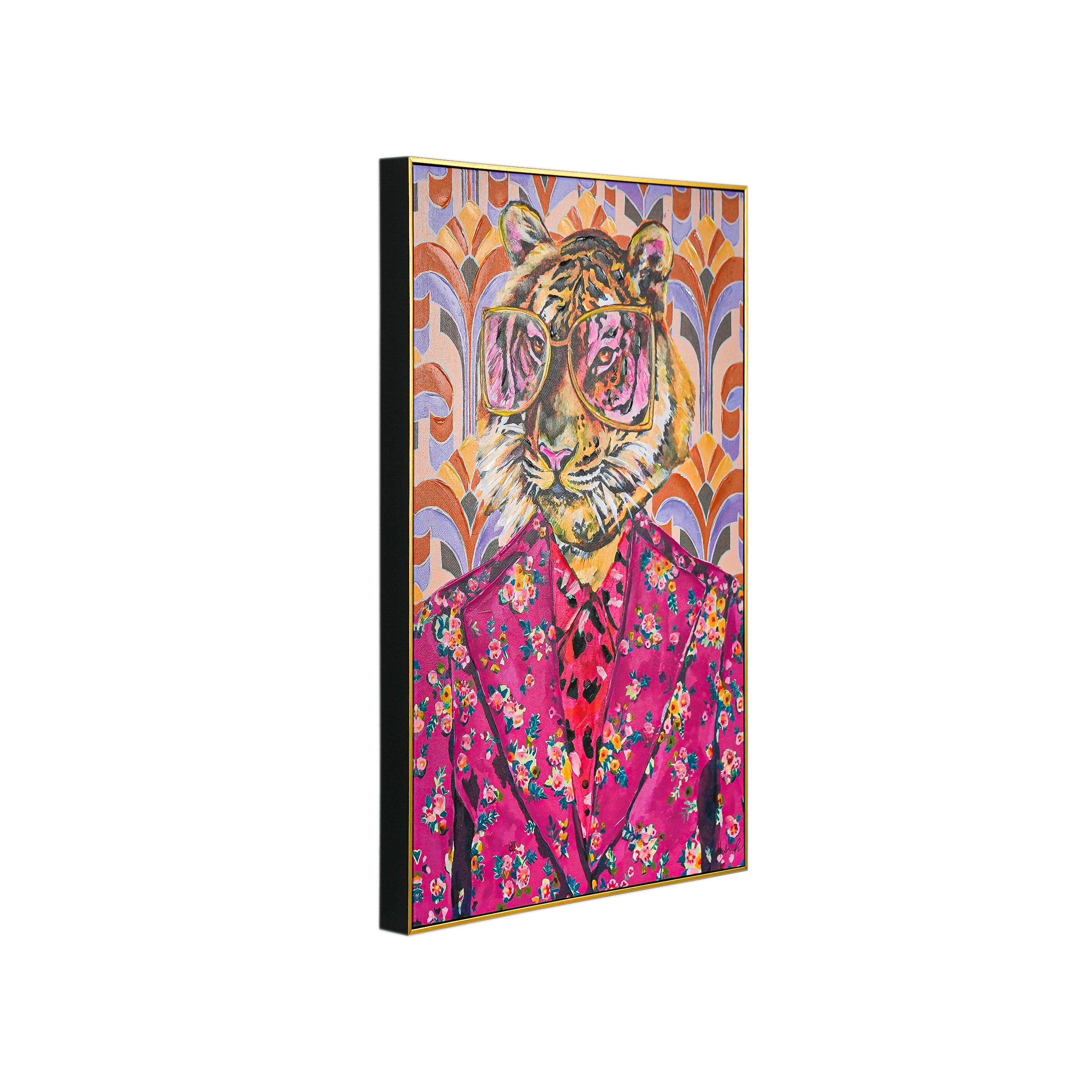 Tiger in Retro Bloom by Heather Perry 100% Hand Painted Wall Painting (With Outer Floater Frame frame) ( 35.5 x 23.5 Inches )