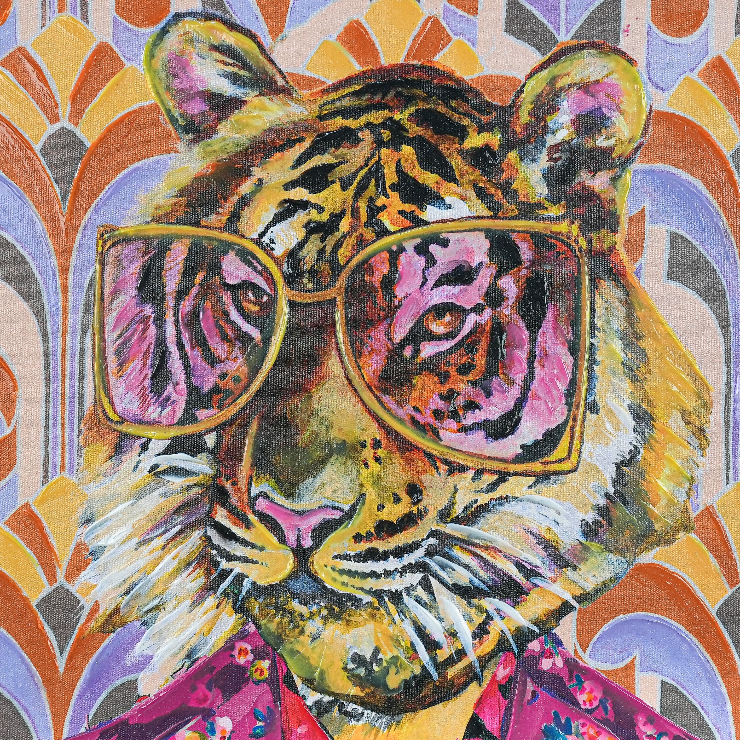 Tiger in Retro Bloom by Heather Perry 100% Hand Painted Wall Painting (With Outer Floater Frame frame) ( 35.5 x 23.5 Inches )