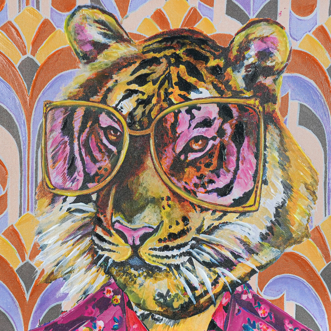 Tiger in Retro Bloom by Heather Perry 100% Hand Painted Wall Painting (With Outer Floater Frame frame) ( 35.5 x 23.5 Inches )