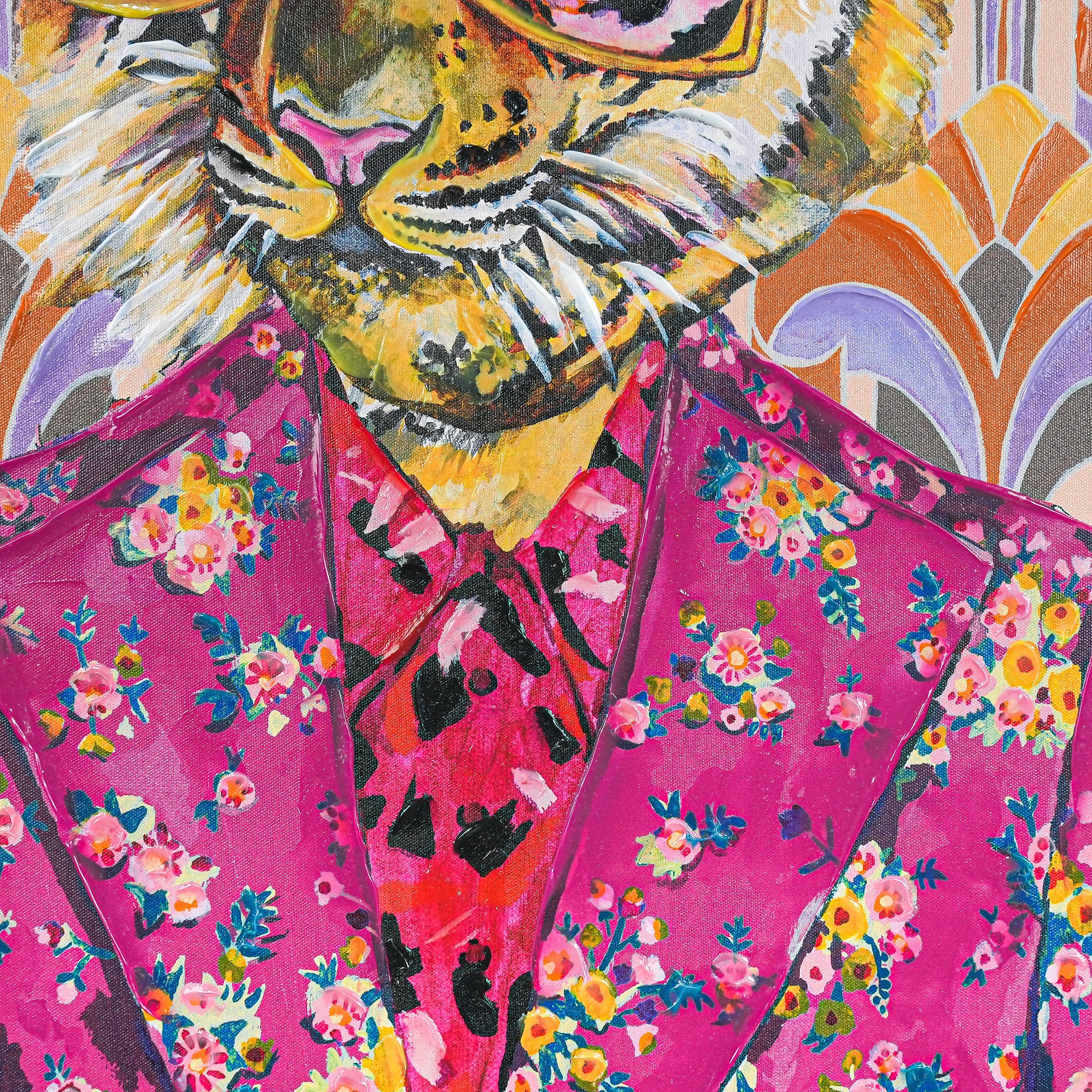 Tiger in Retro Bloom by Heather Perry 100% Hand Painted Wall Painting (With Outer Floater Frame frame) ( 35.5 x 23.5 Inches )