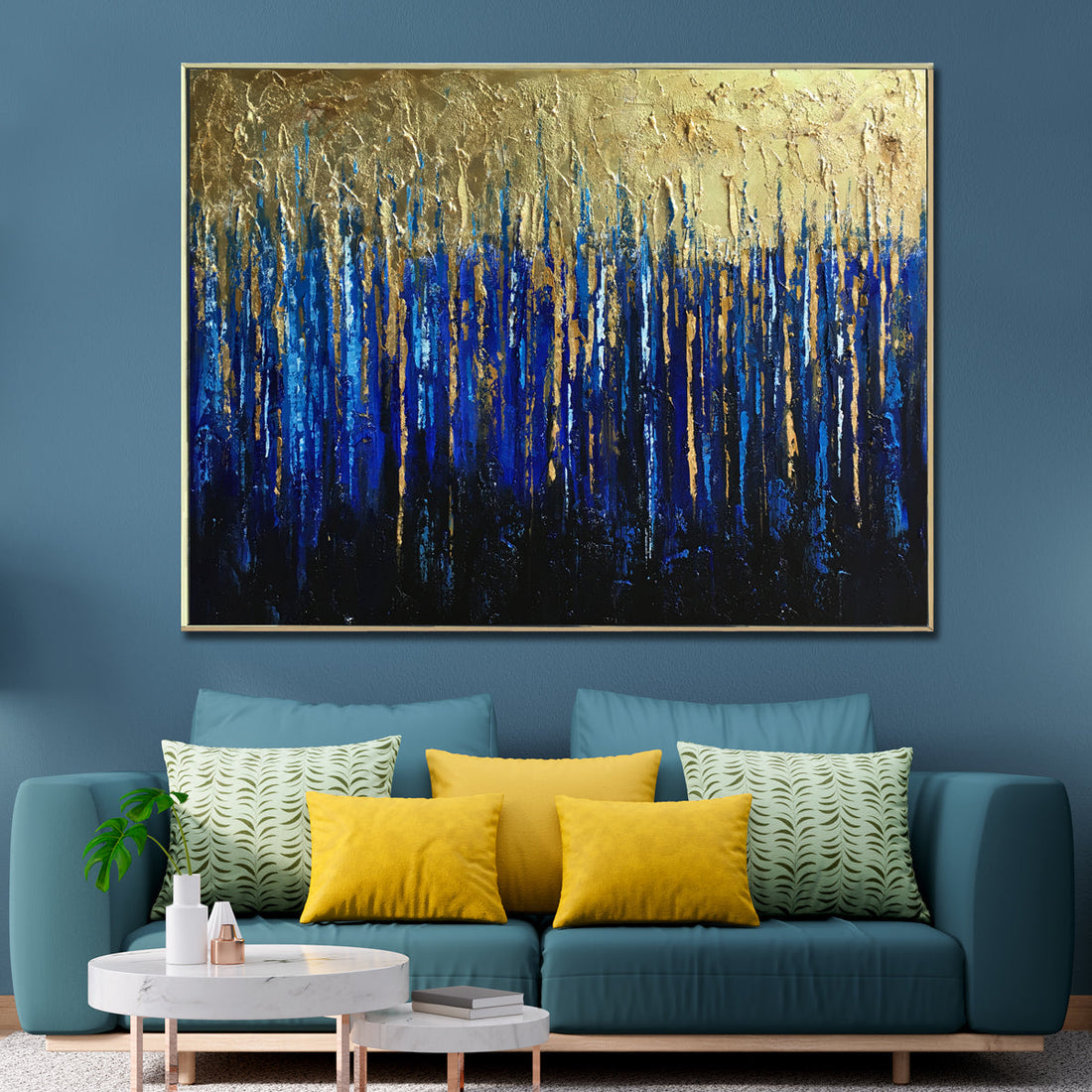 The Parisian Blue and Gold Drip 100% Hand Painted Painting modern Art (With Outer Floater Frame) (48 x 36 Inches)