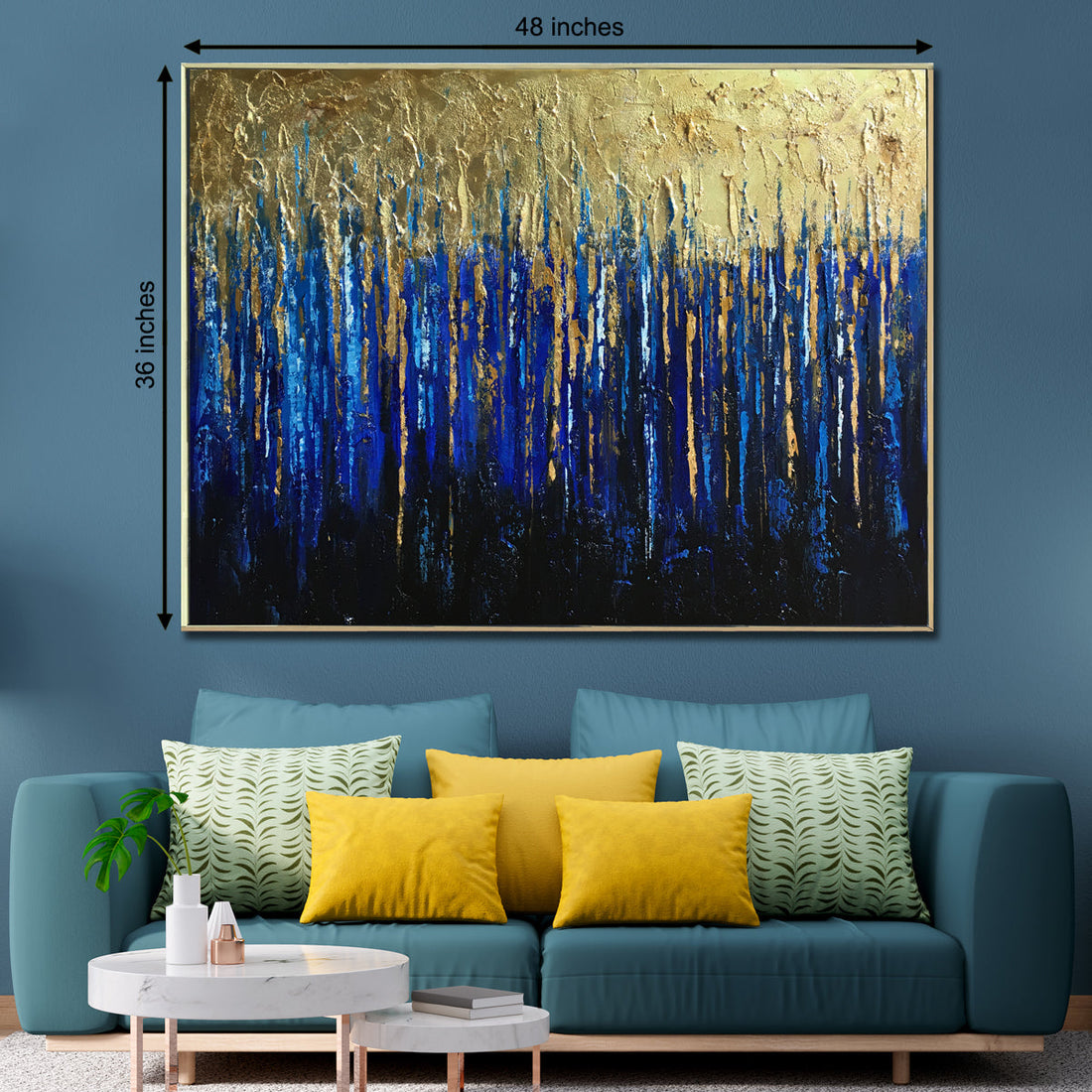 The Parisian Blue and Gold Drip 100% Hand Painted Painting modern Art (With Outer Floater Frame) (48 x 36 Inches)