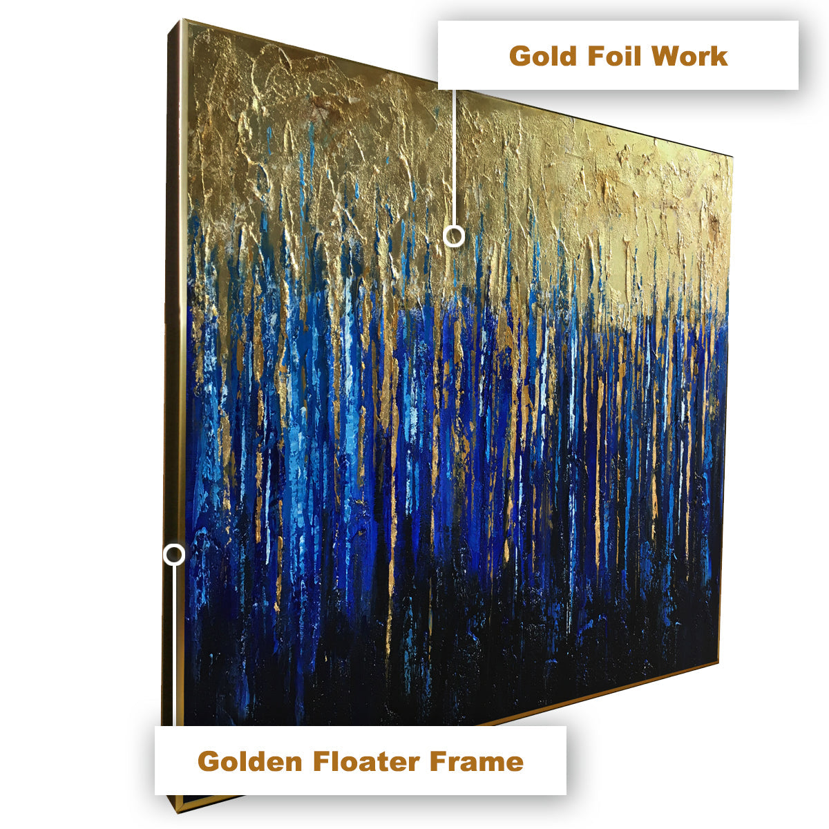 The Parisian Blue and Gold Drip 100% Hand Painted Painting modern Art (With Outer Floater Frame) (48 x 36 Inches)