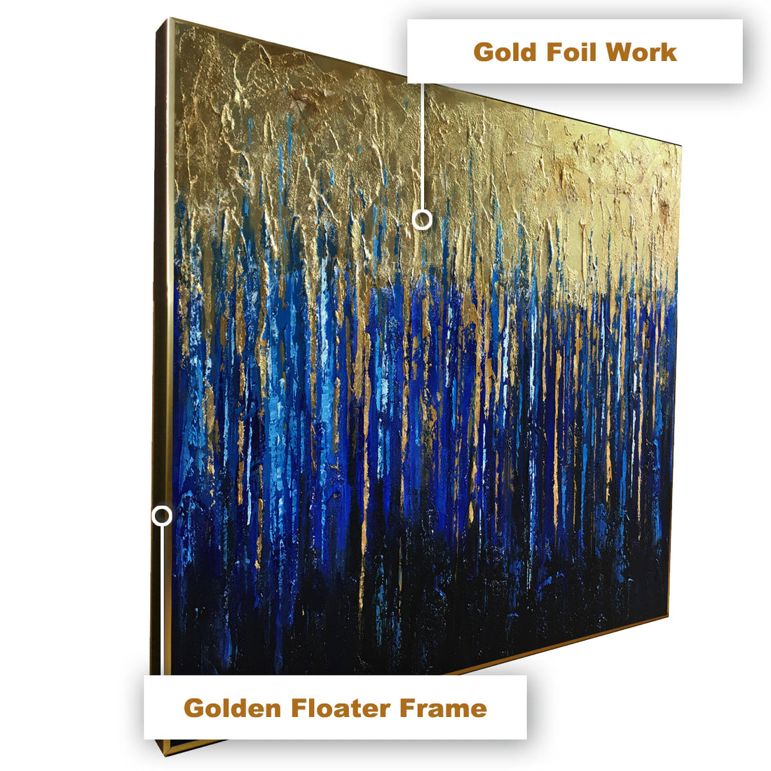 The Parisian Blue and Gold Drip 100% Hand Painted Painting modern Art (With Outer Floater Frame) (48 x 36 Inches)