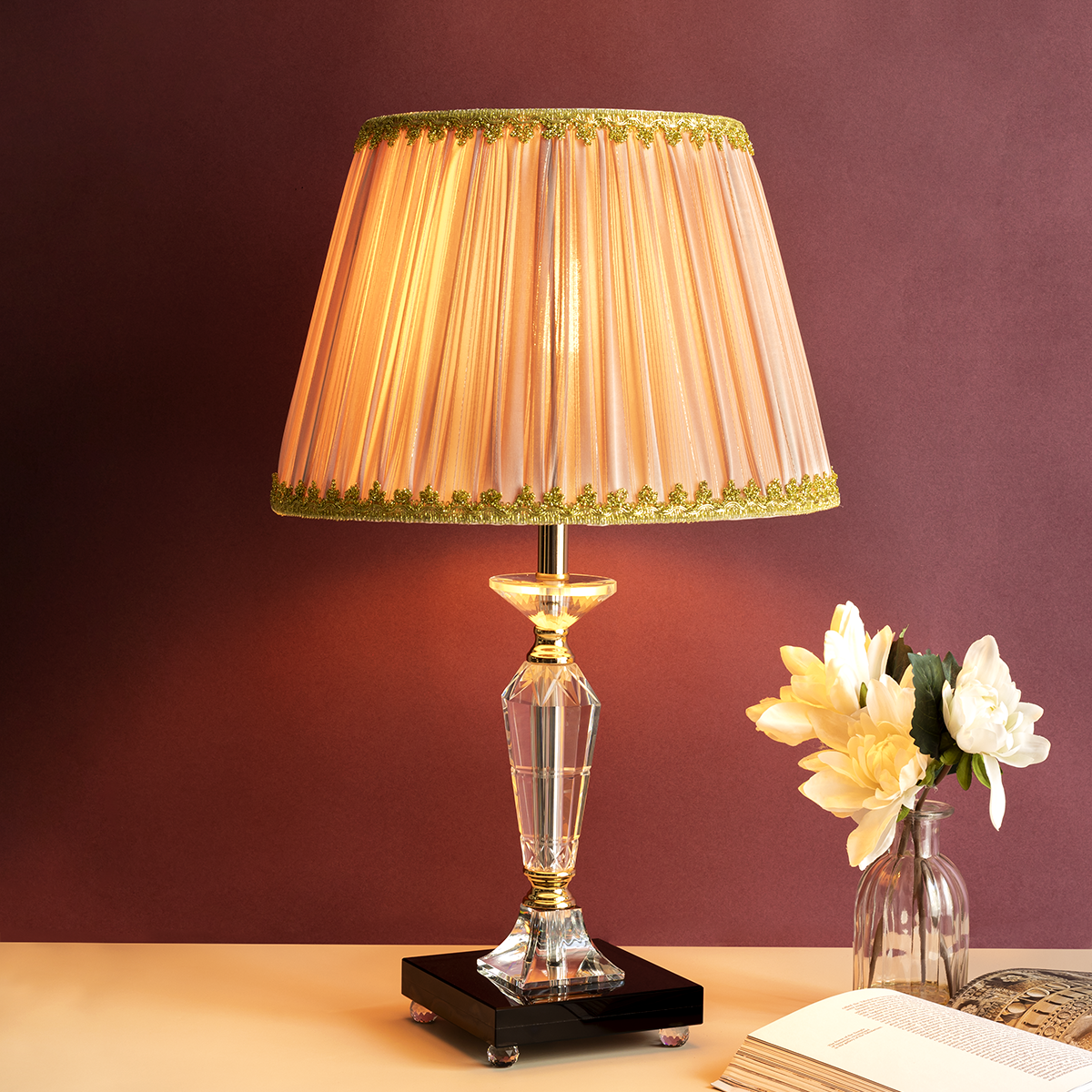 Slick & Sleek Classic Stainless Steel Crystal Lamp with Fabric Shade