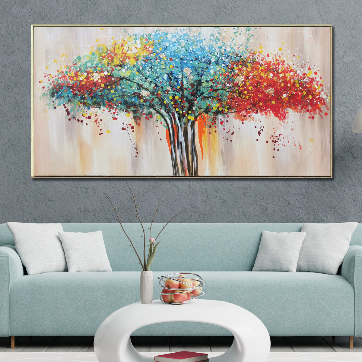 Colourful Graphic Tree Hand Wall Painting For Home (Comes With an Outer Floater Frame) (56 x 28 Inches)