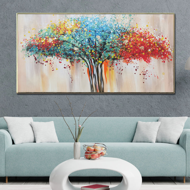 Colourful Graphic Tree Hand Wall Painting For Home (Comes With an Outer Floater Frame) (56 x 28 Inches)