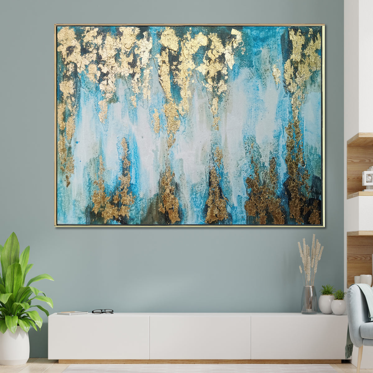 The Royal Blue Thames Abstract 100% Hand Painted Wall Decor Paintings for Home (With Outer Floater Frame)  (48 x 36 Inches)