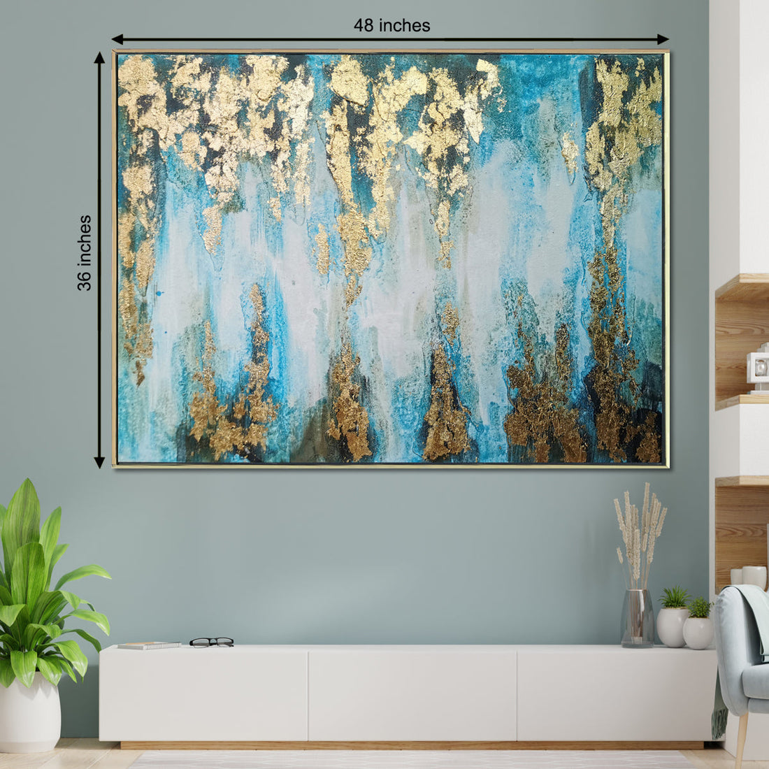 The Royal Blue Thames Abstract 100% Hand Painted Wall Decor Paintings for Home (With Outer Floater Frame)  (48 x 36 Inches)