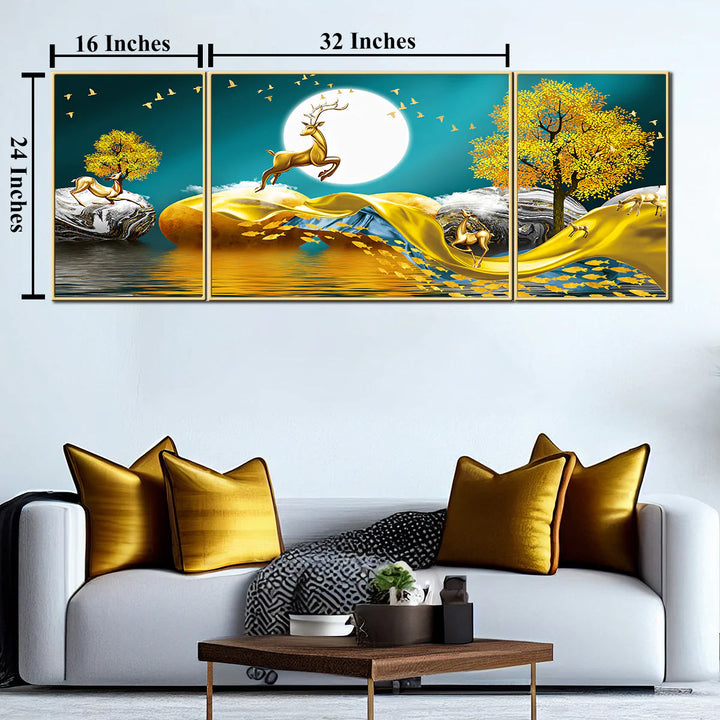 Mystical Moonlight Set of 3 Framed Canvas Wall Paintings for Home - Yellow