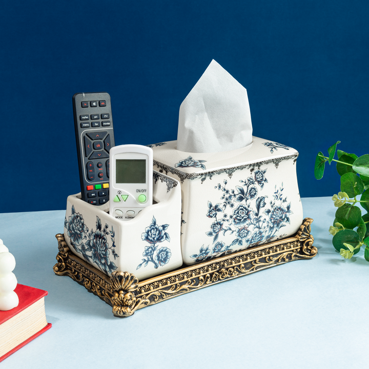 Floral Romance Home Ceramic Multipurpose Organizer Tissue Paper Holder  and Remote Holder