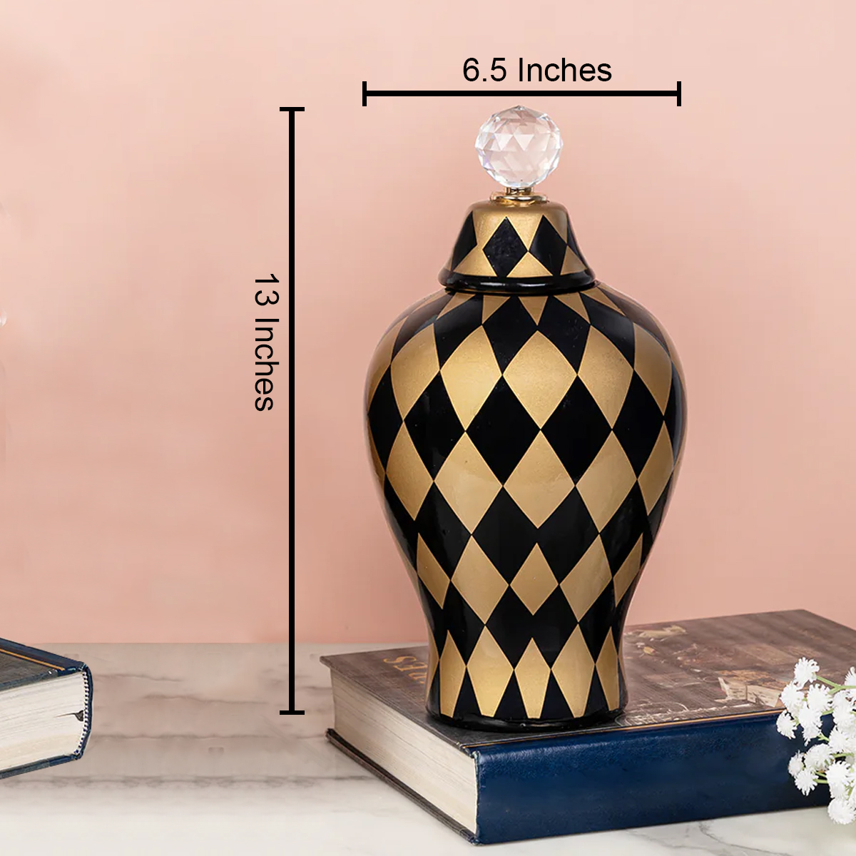 The London Checker Board Ceramic Decorative Vase - (Golden & Black) (Medium)