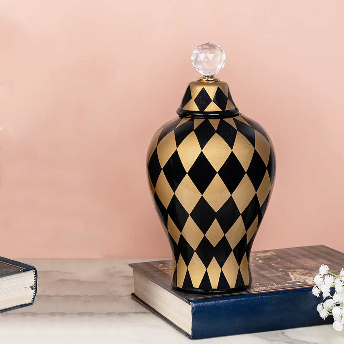 The London Checker Board Ceramic Decorative Vase - (Golden & Black) (Medium)