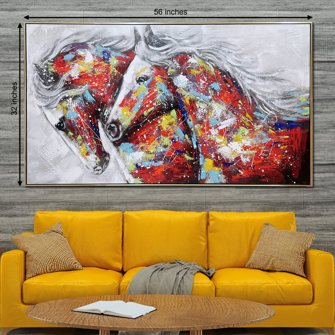 Horses in Paradise Hand Painted Wall Paintings For Home (With Outer Floater Frame) (56 x 32 Inches)