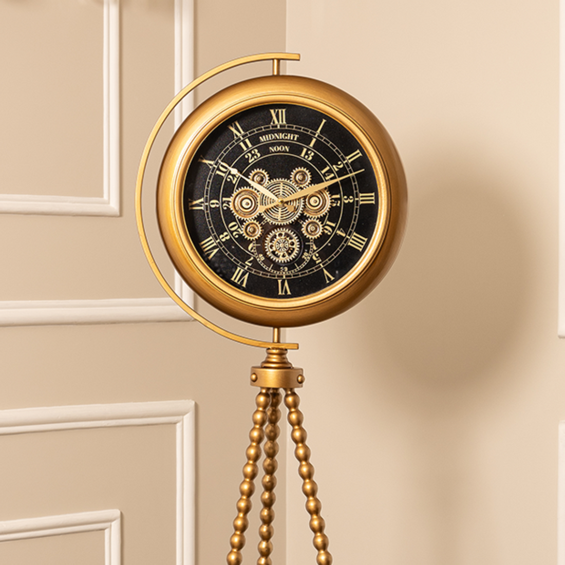 Mystic Motion Tripod Base Luxury Designer Floor Clock With Moving Gear Mechanism Buy Floor Clock Online (Steel Body) - Black (Ribbed)