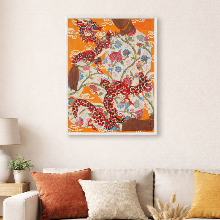 Dragon's Embrace by Tito 100% Hand Wall Painting For Home  (With Outer Floater Frame frame) (35.5 x 47 Inches )
