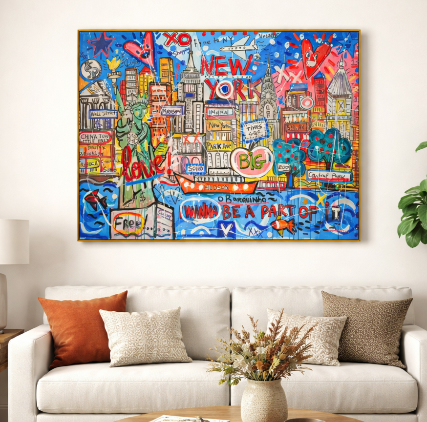 NYC Neon Love: A Vibrant Tribute to Manhattan’s Icons by Mercedes Lagunas 100% Hand Painted Wall Painting (With Outer Floater Frame frame) (35.5 x 47 Inches )