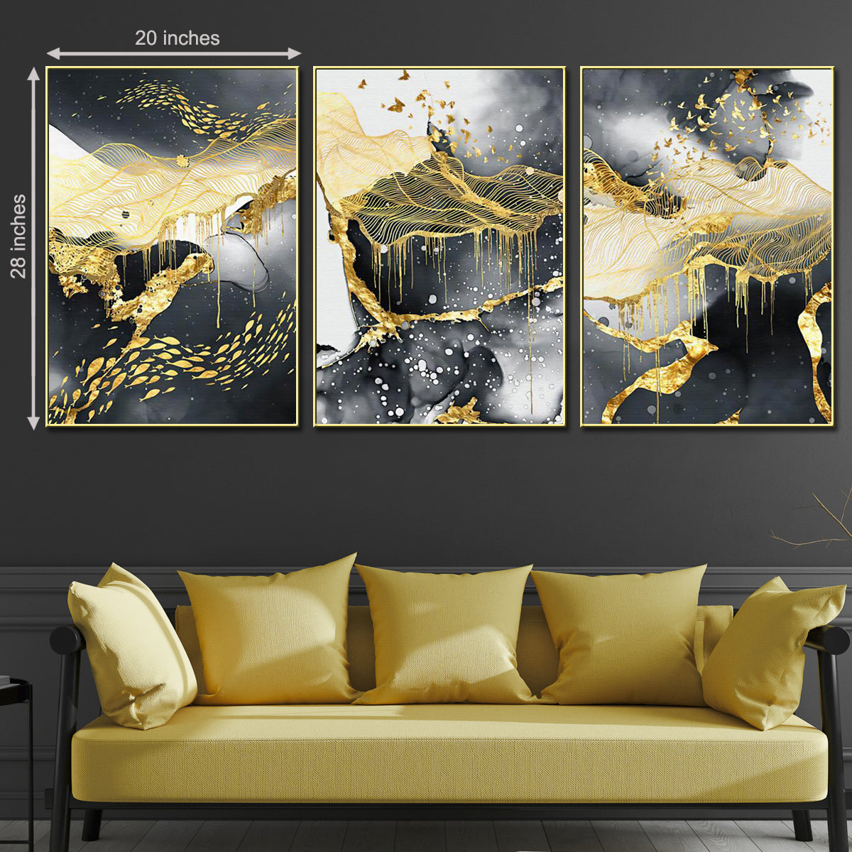 3 Pieces Black & Gold Abstract Birds Framed Canvas Painting for Living Room