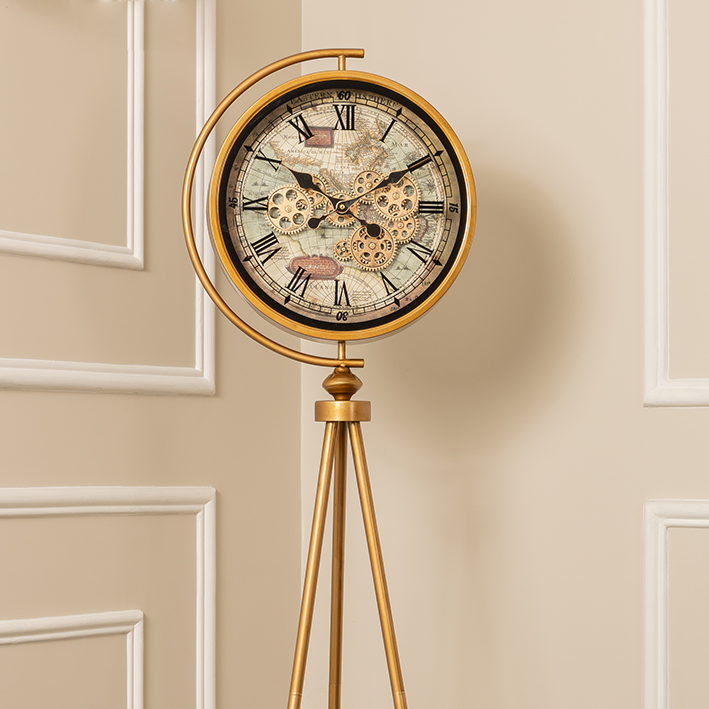 Timeless Tradition Tripod Base Luxury Designer Floor Clock With Moving Gear Mechanism (Steel Body)