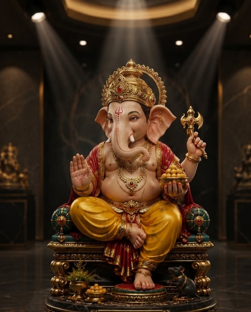 Sri Vignaharta Majestic Golden Ganesha Idol With Stand