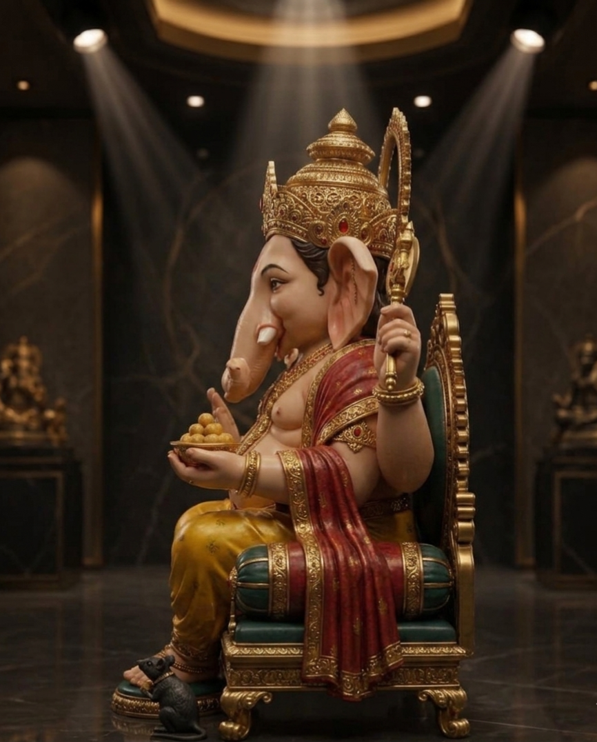 Sri Vignaharta Majestic Golden Ganesha Idol With Stand
