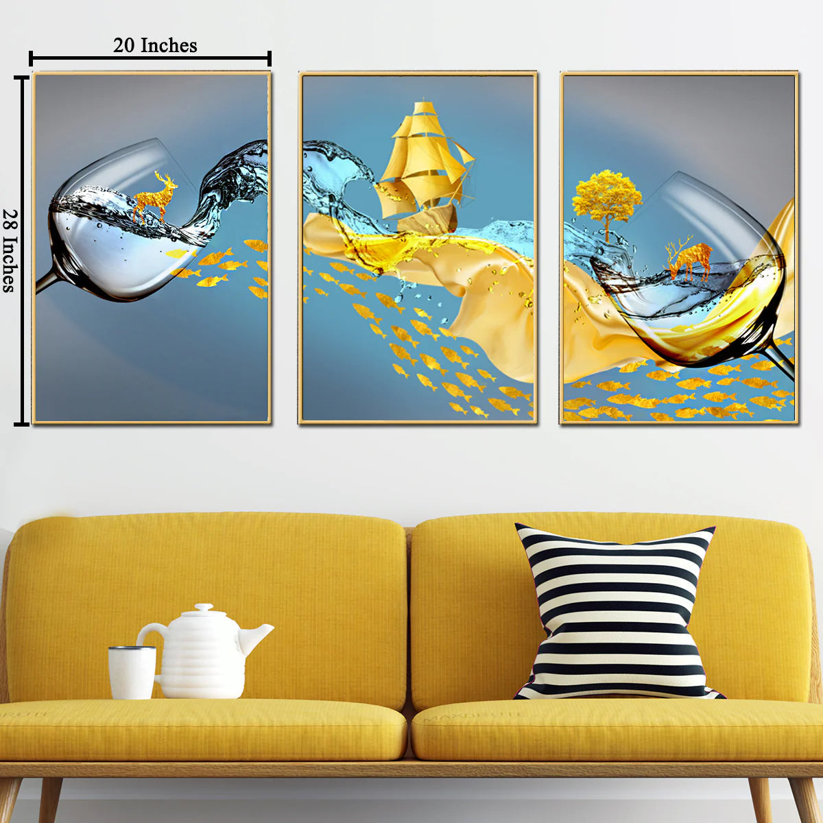 Waves of Fortune Framed Canvas Wall Paintings - Set of 3
