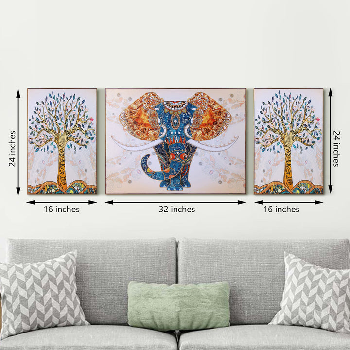 The Udaipur Elephant 3 Panel Framed Canvas paintings